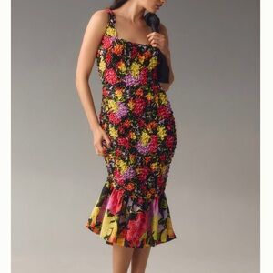 Anthropologie Yukiko Noritake Floral Pebble 3D Smocked Scrunch Long Dress S M